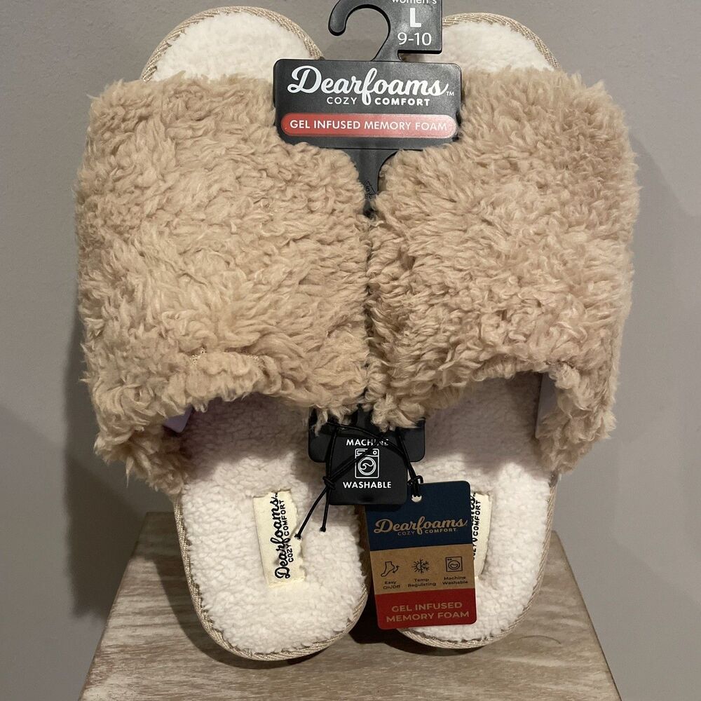 Dearfoams Cozy Comfort Women's Platform Terry Slippers Beige Large 9-10 NWT